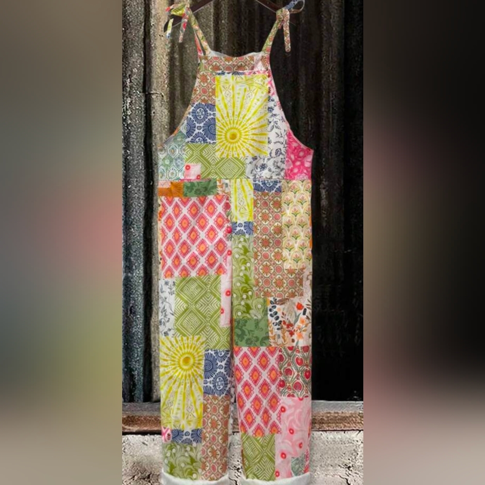 Bohemian Sunburst Vibrant Red Green Patchwork Jumpsuit Women's XL - Picture 2 of 7